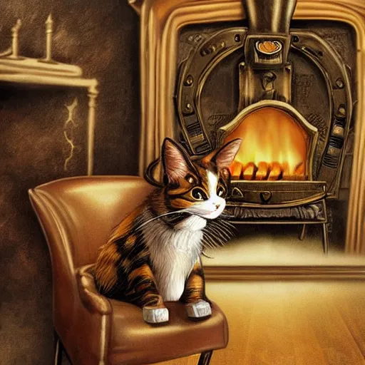 Prompt: steampunk cat sits in a chair in front of a fireplace in a book lined room and smokes a pipe. realistic and detailed