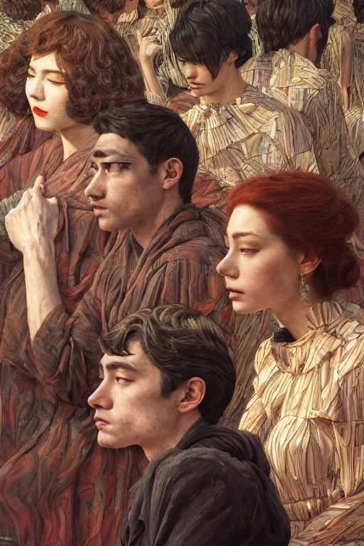 Image similar to detailed people in movie theatre, exterior greenhouse, portrait face, in the style of frantisek kupka, intricate, miles johnston, keita morimoto, kuroda seiki, cynical realism, ozabu, john william godward, painterly, yoshitaka amano, moebius, beautiful lighting