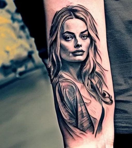 Image similar to tattoo design sketch of margot robbie and beautiful mountain scenery mash up, in the style of arlo dicristina, surrealist, amazing detail, sharp