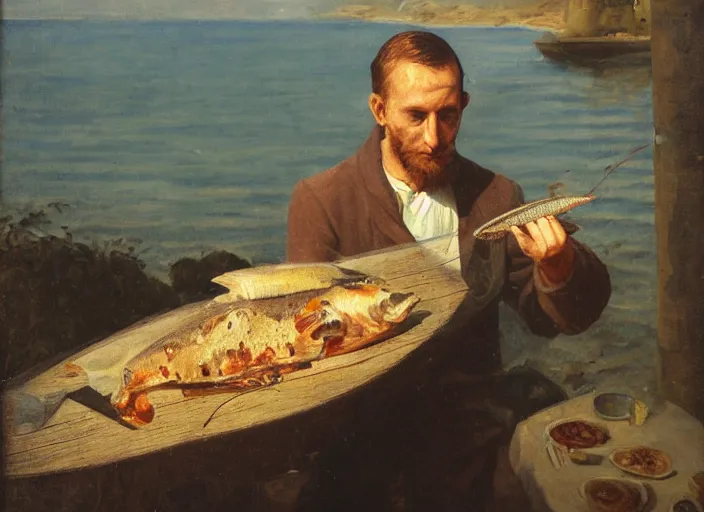 Prompt: man with fish and bread, 4 1 9 eater, amateur photograph