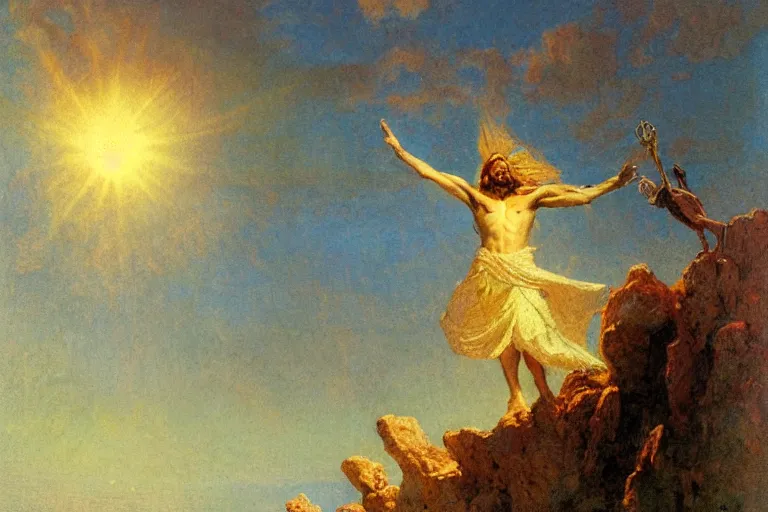 Image similar to illustration of a mythical hero standing at the top of a mountain lifting the sun over his head, holding it up to shine over the world. art by gaston bussiere.