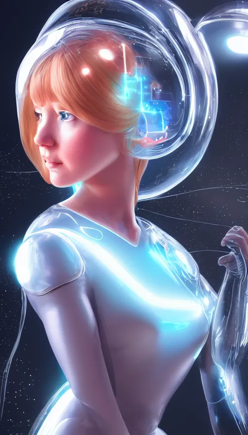 Prompt: Goddess Princess Rosalina with a symmetrical face in a full body Fusion Suit by Ilya Kuvshinov, glass bubble helmet metal mech plastic suit neon lights, concept art Hyper realistic redshift render, artstation