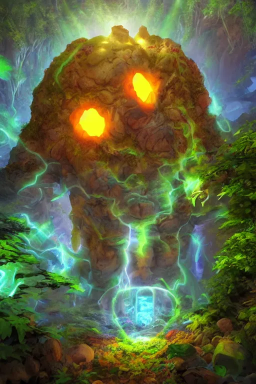 Image similar to arcane fantasy art giant golem elemental wood rock bastion forged gemstone enchanted forest troll, global illumination ray tracing hdr fanart arstation by sung choi and eric pfeiffer and gabriel garza and casper konefal lisa frank zbrush central hardmesh radiating a glowing aura