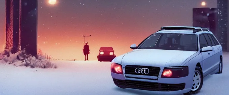 Image similar to Audi A4 B6 Avant (2002), a gritty neo-noir, dramatic lighting, cinematic, eerie person, death, homicide, homicide in the snow, gunshots, establishing shot, extremely high detail, photorealistic, cinematic lighting, artstation, by simon stalenhag, Max Payne (PC) (2001) winter New York at night, In the style of Max Payne 1 graphic novel, flashing lights, Poets of the Fall - Late Goodbye