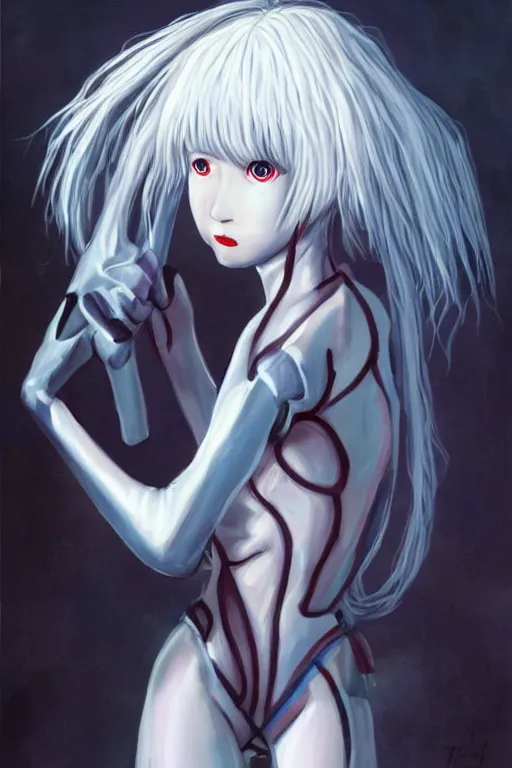 Prompt: rei ayanami, fantasy painting, grimdark, symmetry