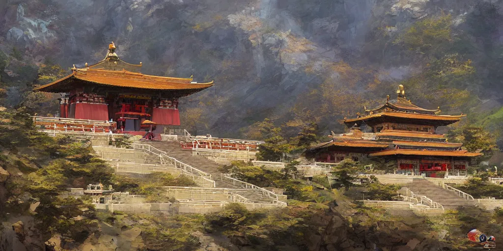 Image similar to Dzogchen Mountain Temple, by Craig Mullins and Marc Simonetti and Hiroshi Yoshida