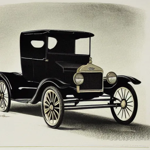 Prompt: ford model t lithograph by adolphe millot