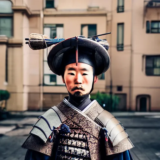 Image similar to traditional samurai in a modern city, photograph, dslr, hi - res