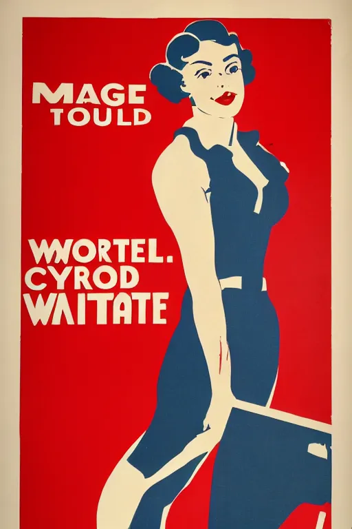 Image similar to a beautiful white girl standing in the crowd of workers, red background, trending on vintage poster style