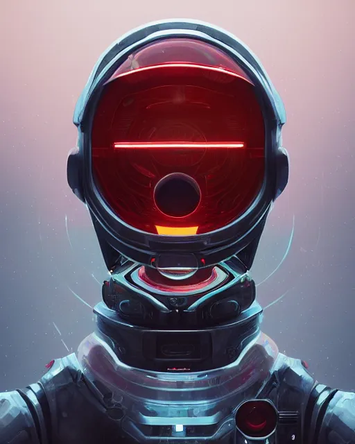 Image similar to portrait of sentient machine with oval helmet with a red chip on left side, by greg rutkowski, wlop, beeple, dan mumford, octane render, trending on artstation, symmetrical artwork. cinematic, key art, hyperrealism, high detail, 8 k