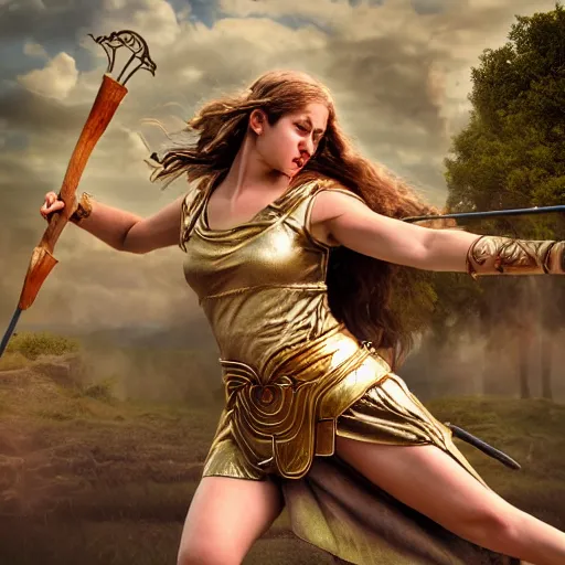 Image similar to Greek goddess Athena fighting with stupidity, stupidity is represented by internet influencers, realistic person, spear in the right hand, long hair, natural look, realistic photography, hyper realistic, highly detailed, 4k, battle landscape, high quality image, couraging and atmospheric composition