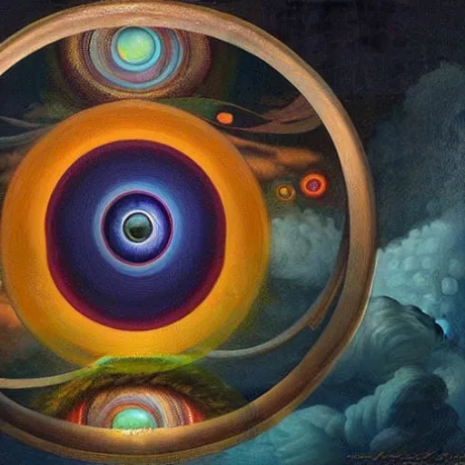 Prompt: painting of rainbow ophanim surrounded by large diagonally rotating rings, giant eyeball in the middle of the ophanim, by roberto ferri, amazing details, mythological, biblical, beautiful composition