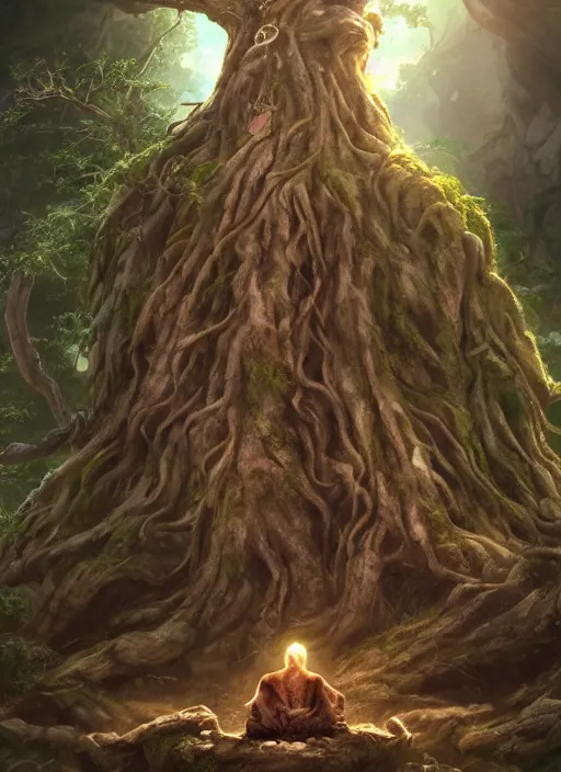 Prompt: an elder druid resting upon a large magical tree, dramatic lighting, wonderful shading, realistic perfect face, concept art, dynamic pose, digital illustration, trending on artstation, intricate details, epic composition, sharp focus, 8 k uhd, masterpiece, wlop, ross draws