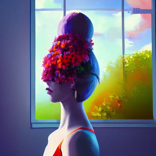 Image similar to closeup, giant flower head, woman next to modern windows, luxury apartment, surreal photography, dramatic light, impressionist painting, digital painting, artstation, james gilleard