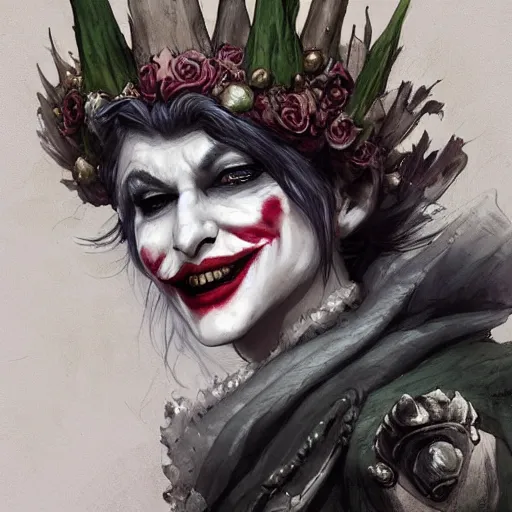 Prompt: joker as an attractive young smiling woman wearing a mushroom crown and heavy armoured wedding dress, face portrait, hd shot, digital portrait, elegant, beautiful, fantasy art, artstation, comic style, by artgerm, guy denning, jakub rozalski, magali villeneuve and charlie bowater