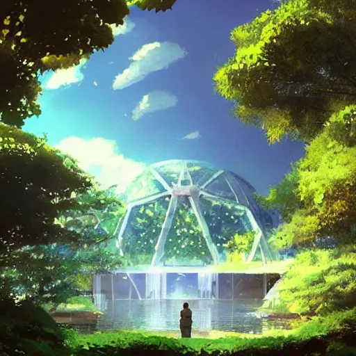 Image similar to geodesic dome in front of a lake with gardens and waterfall, gapmoe kuudere moody lighting stunning bokeh highlights sharp contrast | trending pixiv fanbox | by greg rutkowski makoto shinkai takashi takeuchi studio ghibli