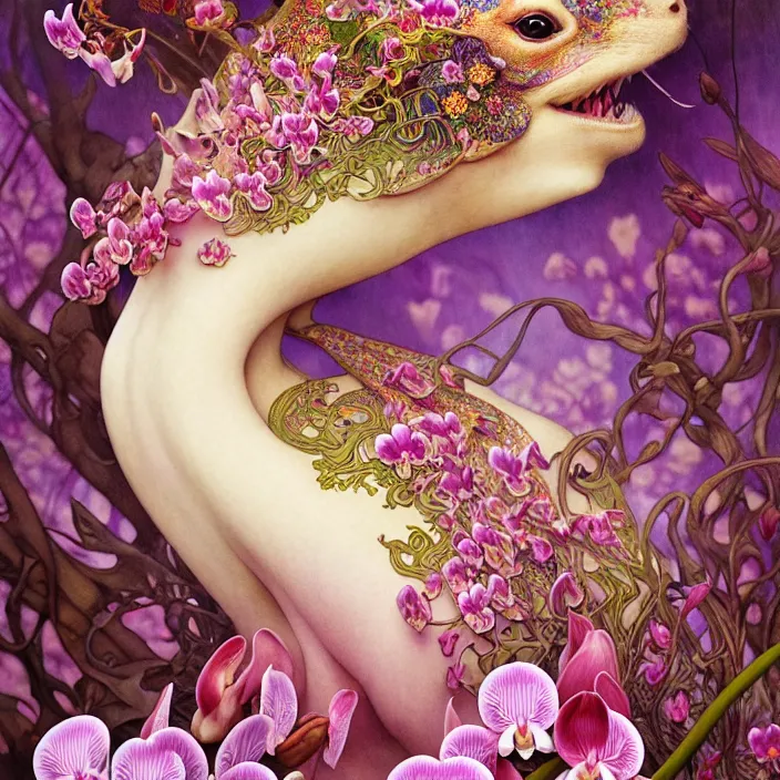 Image similar to psychedelic animal made of orchid and cherry blossom tree and mushroom, LSD, diffuse lighting, fantasy, intricate, elegant, highly detailed, lifelike, photorealistic, digital painting, artstation, illustration, concept art, smooth, sharp focus, art by John Collier and Albert Aublet and Krenz Cushart and Artem Demura and Alphonse Mucha