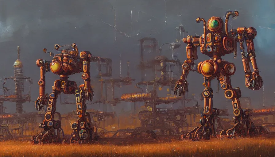 Image similar to an intricate oil painting of a giant scrap metal anime mecha with rounded components by simon stalenhag