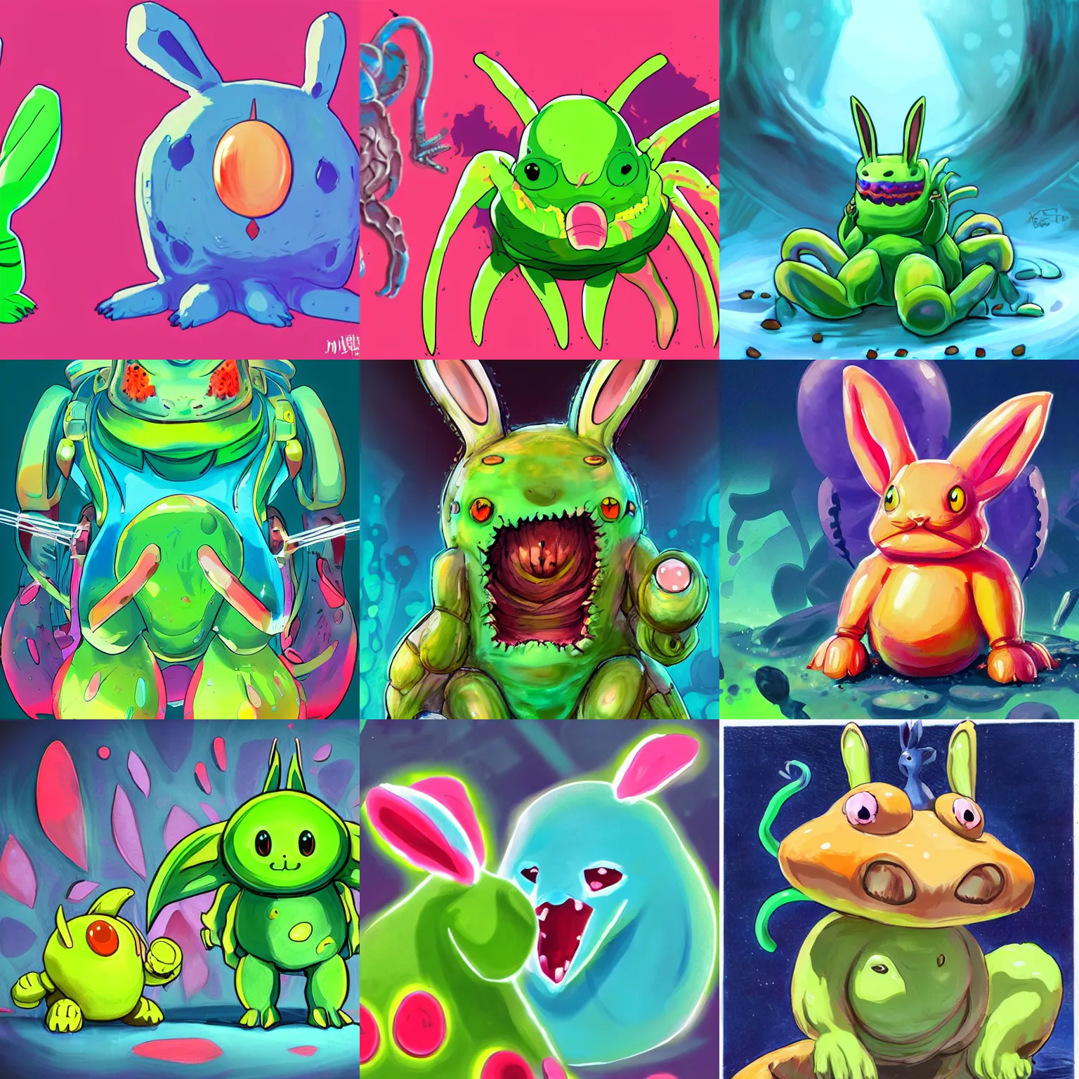 Prompt: Colorful cute painting of a slime monster in the shape of a rabbit, metroid game enemy concept art, anime key visual