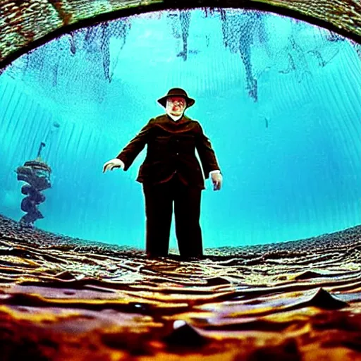 Image similar to grainy security cam footage still of Augustus Gloop in the chocolate river in Willy Wonka's Chocolate Factory, extreme wide angle