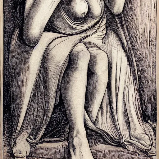 Image similar to A beautiful print. Her cell is as bare as mine. She is sitting in the middle, hugging her knees, wrapped in a toga-like garment. by Austin Osman Spare natural