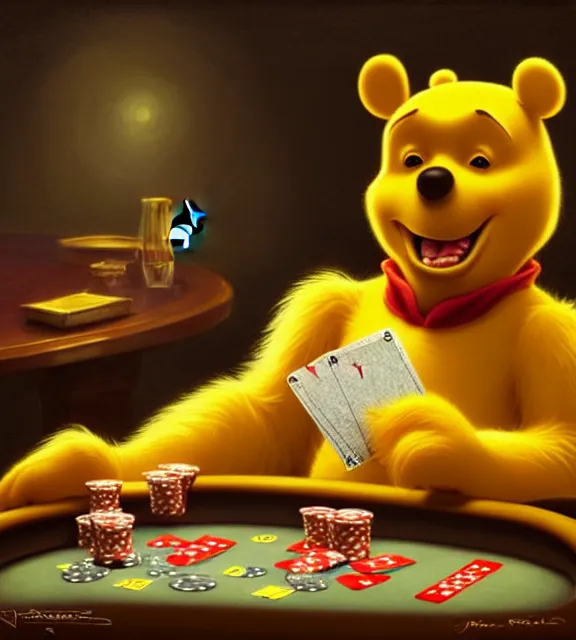 Prompt: cute anthropomorphic winnie the pooh with playing poker, smiling, perfect face, yellow fur, cinematic, elegant, highly detailed, psychedelic, digital painting, artstation, smooth, hard focus, illustration, art by jessica rossier and and brian froud