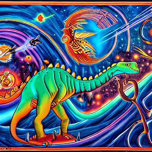 Image similar to painting of the extinction of the dinosaurs with asteroid and fire, in the style of alex grey