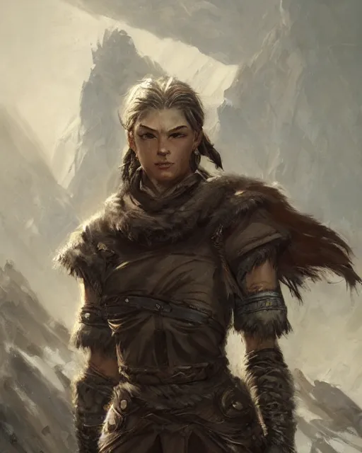 Prompt: the elder scrolls vi, charismatic rugged female nord warrior portrait, illustration, rim light, top light, perfectly shaded, soft painting, art by krenz cushart and wenjun lin