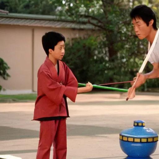 Image similar to miyagi from karate kid teaching daniel how to catch a frog with chopstick, cinematic, photo, still frame
