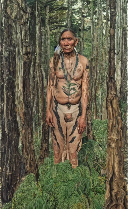 Image similar to full shot picture of indigenous leader standing in the forest, painted by lucian freud, hd, super detailed, amazing, realistic lighting