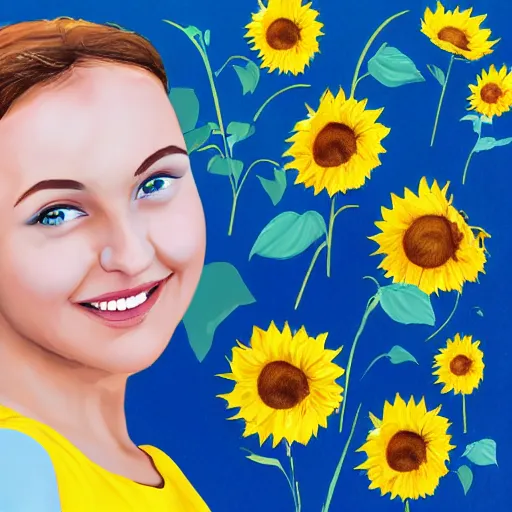 Prompt: Portrait, Illustration of a Ukrainian girl Smiling at the camera, Beautiful pretty young, flowers in her dark hair, Scene: Sunflower field, Colors: Yellow sunflowers, blue cloudy sky, In a style of Miniature World