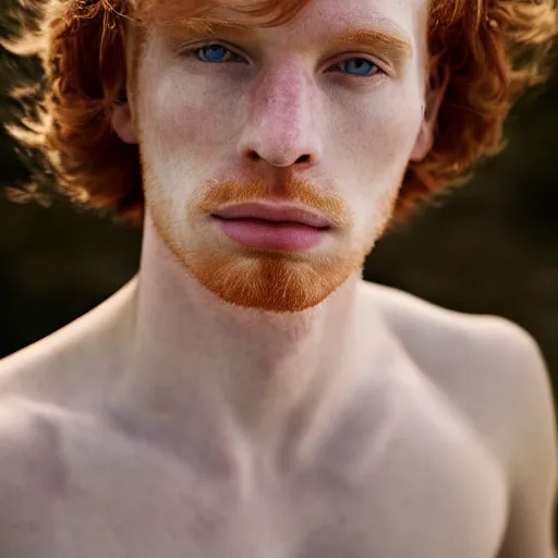 Prompt: color portrait of a very pale, freckly, ginger male model by emmanuel lubezki