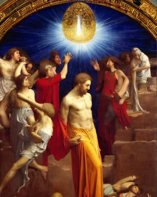 Prompt: the nine spheres of heaven from dante's divine comedy, painting by john william waterhouse and edwin longsden long and theodore ralli and nasreddine dinet, oil on canvas. cinematic, hyper realism, dramatic lighting, high detail 8 k