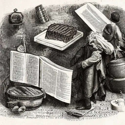 Prompt: brisket recipe, grill, old book, gustav dore illustrated