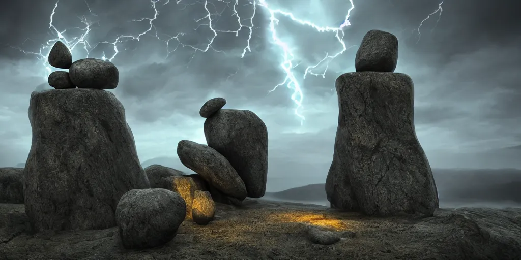 Prompt: photorealistic strange dark monks perform a ritual. magical symbols float above them. epic landscape with magically floating rocks, with ominous storm clouds, strange levitating stones, stones falling from the sky, a gentle rising mist. occult photorealism, uhd, amazing depth, glowing, golden ratio, 3 d octane cycle unreal engine 5, volumetric lighting, cinematic lighting, alphonse mucha