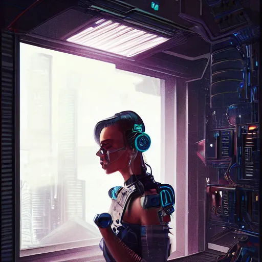 Prompt: portrait of cyberpunk woman looking out of a window, cyberpunk setting, futuristic, highly detailed, intricate lighting, digital painting, sharp focus, illustration, trending on artstation, art by tyler jacobson.