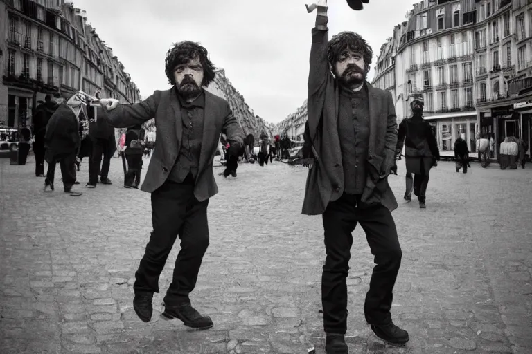 Prompt: peter dinklage on stilts walking in the hazzy streets of paris, in the style of eugene atget and peter witkin