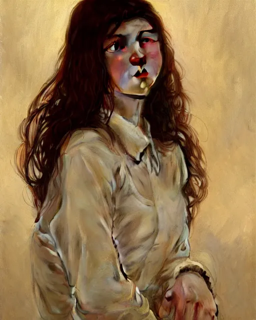 Image similar to portrait of a welsh teenage girl with brown hair, glowing skin, delicate features, quiet beauty, amelie poulain, fantasy, intricate, elegant, dress shirt, highly detailed, digital painting, artstation, concept art, smooth, sharp focus, illustration, art by Krenz Cushart and Artem Demura and alphonse mucha