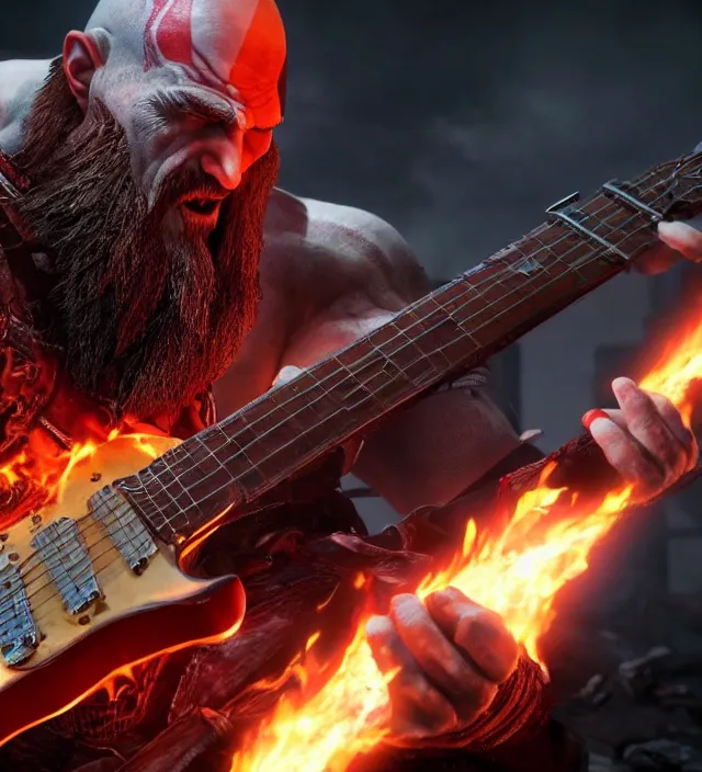 Prompt: screaming kratos shredding on a flaming stratocaster guitar, cinematic render, god of war 2 0 1 8, santa monica studio official media, lightning, stripe over eye