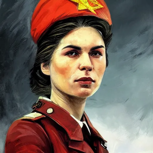 Image similar to portrait young soviet revolutionary leader nadezhda konstantinovna krupskaya, colourised, face portrait, epic, tragic, military art, fantasy, dieselpunk, hd shot, digital portrait, beautiful, artstation, comic style, by artgerm, guy denning, jakub rozalski, magali villeneuve and charlie bowater