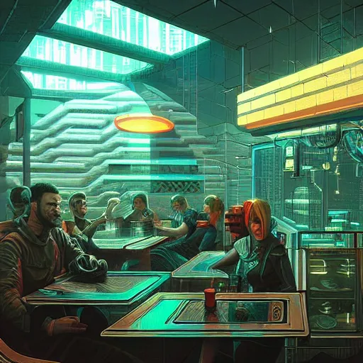 Image similar to futuristic cyberpunk restaurant, interior architecture view, beautiful detailed pixelart by albertov, intricate details, beautiful, dithered gradients, volumetric lighting, cgsociety, artstation, smooth, sharp focus, 2 d illustration, by greg rutkowski, amazing art by dan mumford