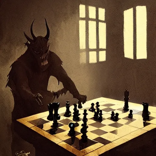 Image similar to playing a game of chess with the devil, fantasy illustration, by greg rutkowski