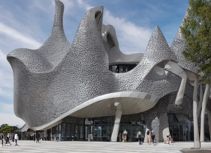 Image similar to mercedes exhibition center exterior designed by antoni gaudi, and concept art