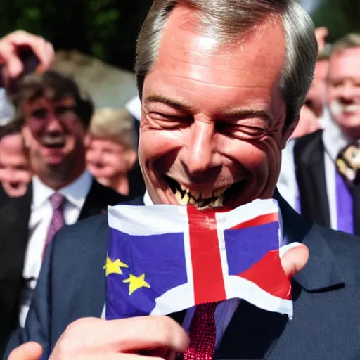 Image similar to nigel farage laughing holding burning eu flag, photograph, hd