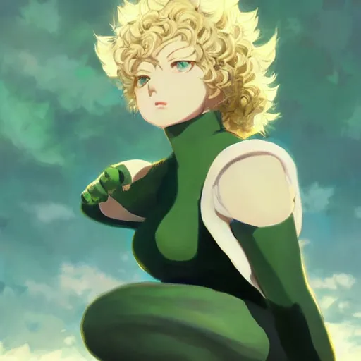 Image similar to tatsumaki from one punch man, painting, cool color palette, refreshing, soft lighting, by cushart krenz, by makoto shinkai