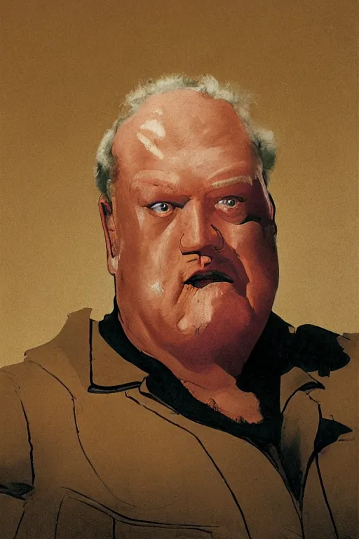 Image similar to upper body portrait of actor kenneth mcmillan as baron harkonnen in dune, colour painting by normal rockwell, guidi prime background by carl spitzweg