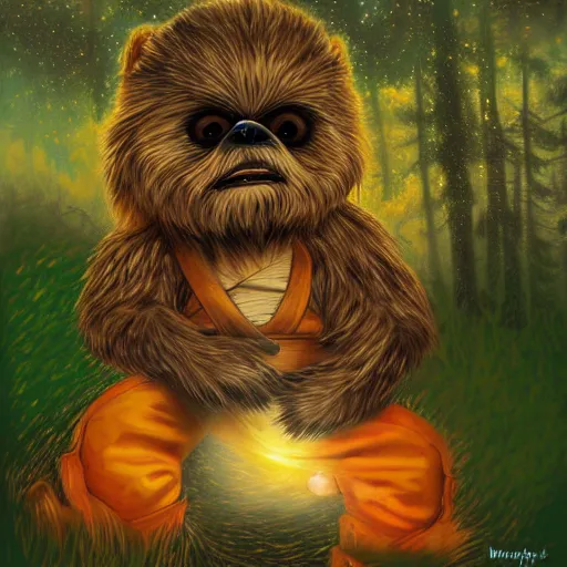 Prompt: a cute ewok painting a picture of the sunset in the forest, digital art, colourful