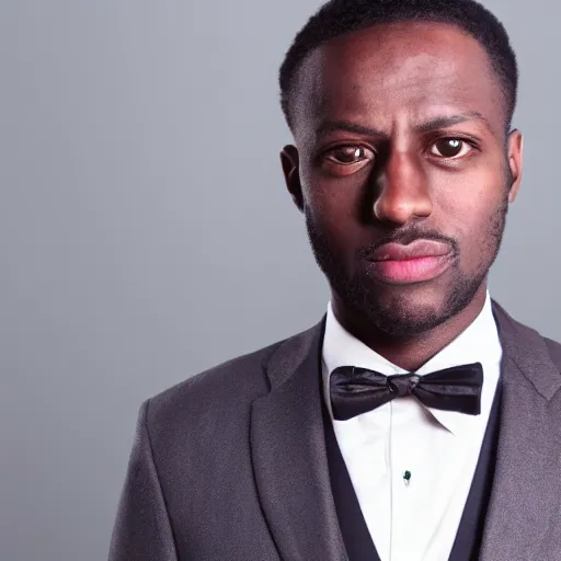 Image similar to portrait of Anubis wearing an elegant suit with a shiny gold necklace, looking at the camera, black background, studio light