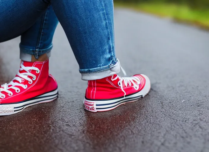 Prompt: side view of the legs of a woman sitting on the ground on a curb, very short pants, wearing red converse shoes, wet aslphalt road after rain, blurry background, sigma 8 5 mm