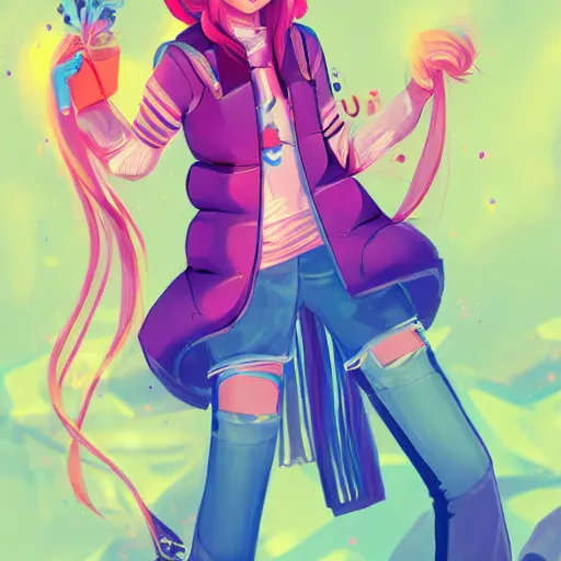 Image similar to female character inspired by 9 0's fashion and by madeline from celeste, art by rossdraws